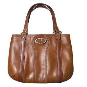 Gucci 2000s Vintage Leather Handbag Wood GG Logo Tan Brown Tote